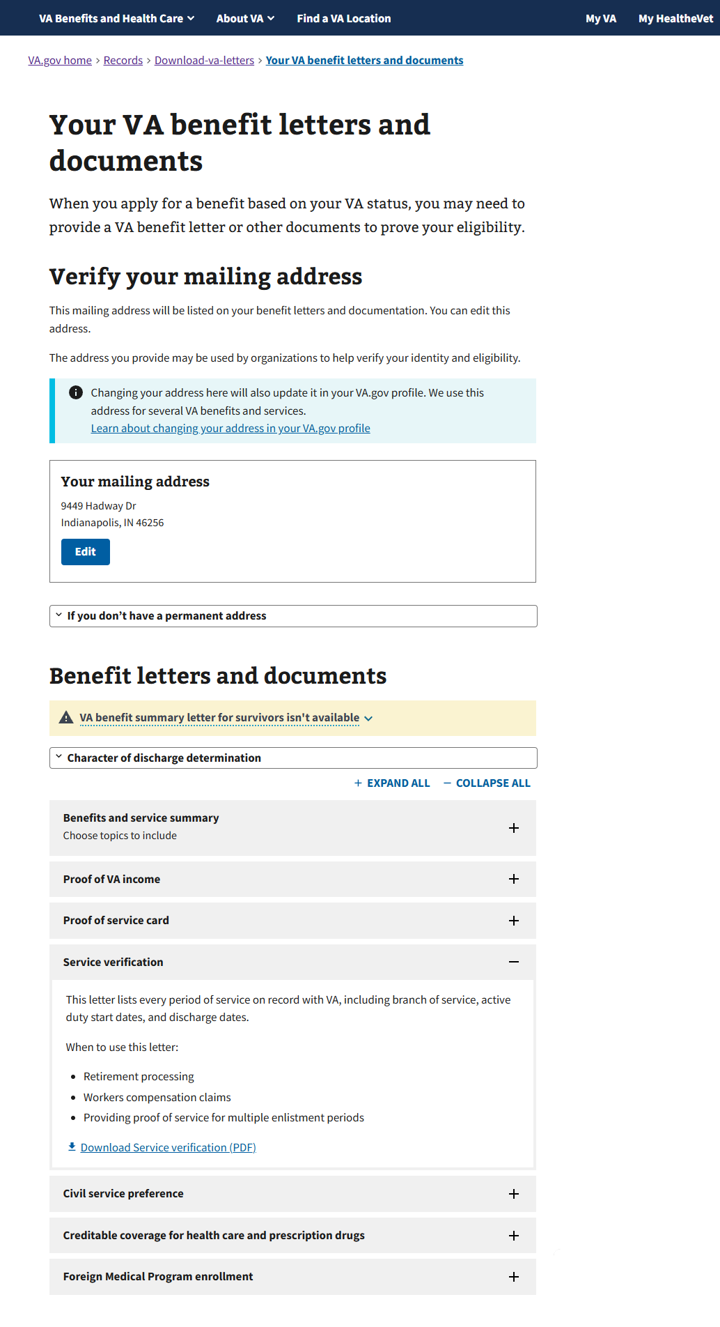 Screenshot showing where to download the VA Service Verification Letter